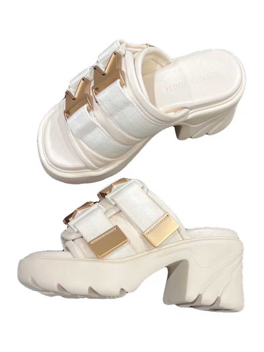 Bottega Veneta Ivory Leather Slide Mules with Gold Buckle Accents